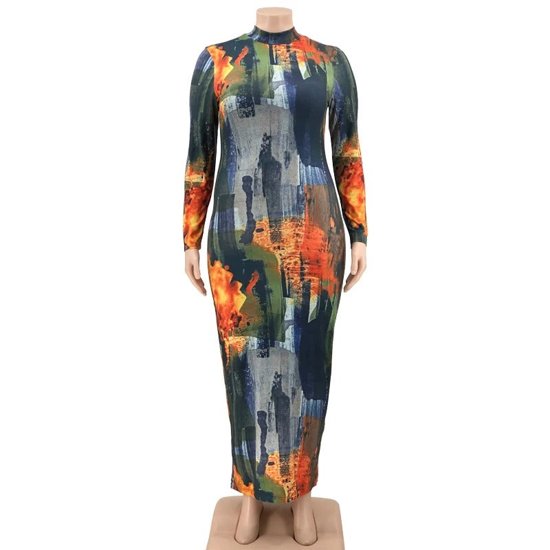 Plus Size Dye Long Sleeve Midi Body Dress for Women