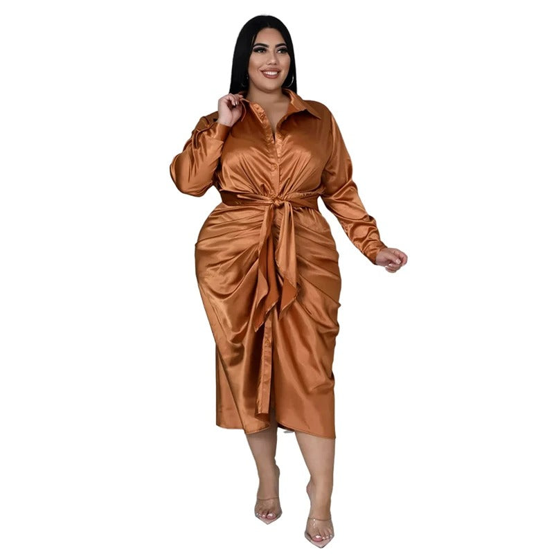 Satin Long Sleeve Ruched Plus Size Clothing Dress for Women