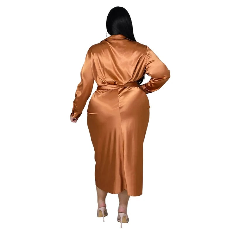 Satin Long Sleeve Ruched Plus Size Clothing Dress for Women