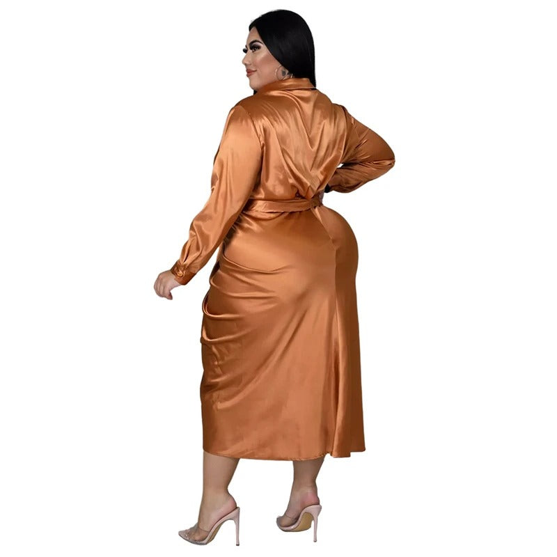 Satin Long Sleeve Ruched Plus Size Clothing Dress for Women