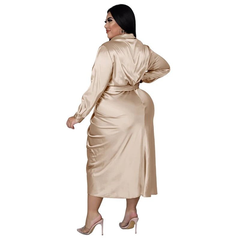 Satin Long Sleeve Ruched Plus Size Clothing Dress for Women