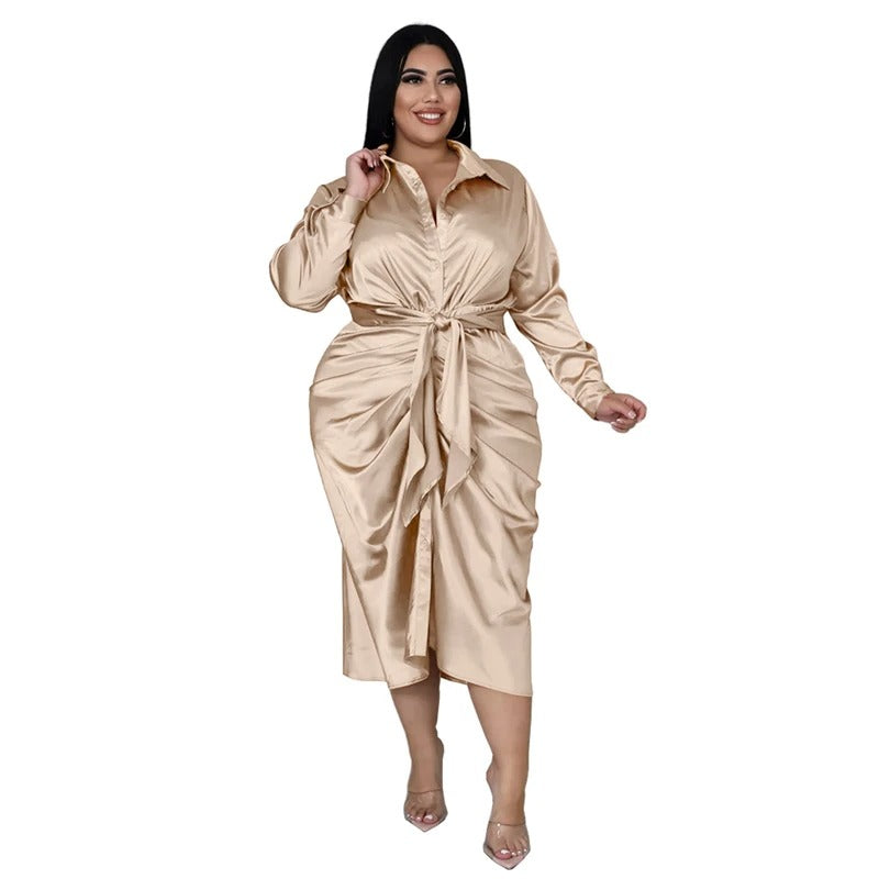 Satin Long Sleeve Ruched Plus Size Clothing Dress for Women