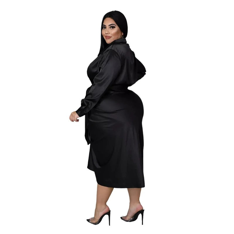 Satin Long Sleeve Ruched Plus Size Clothing Dress for Women