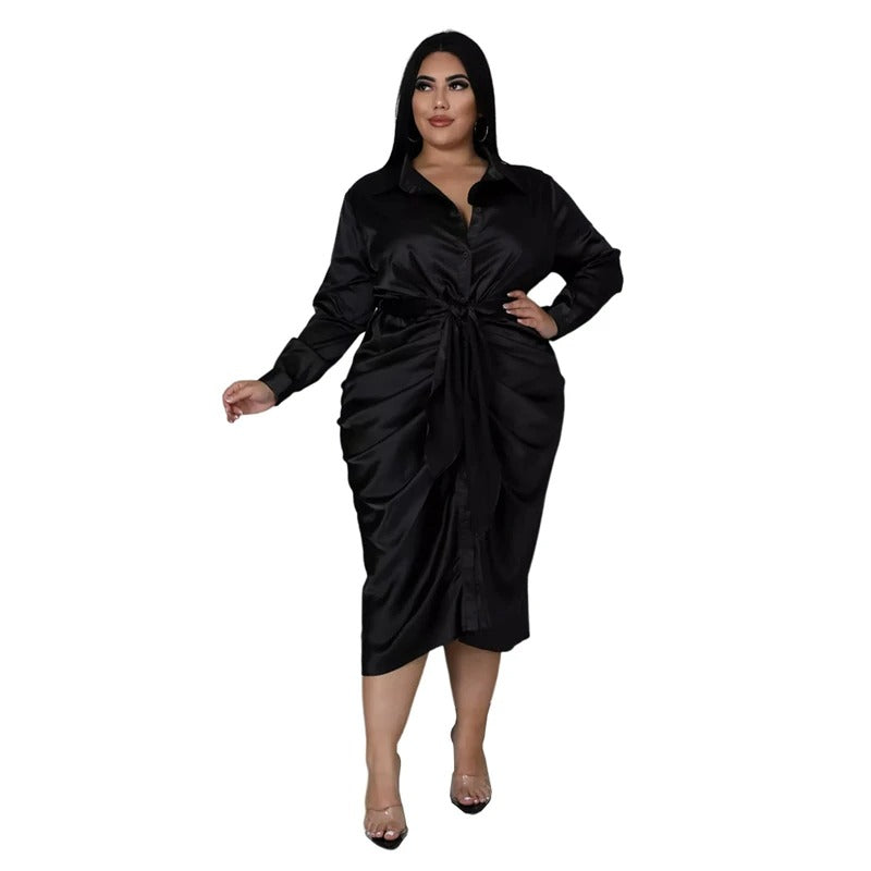 Satin Long Sleeve Ruched Plus Size Clothing Dress for Women