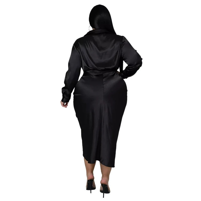 Satin Long Sleeve Ruched Plus Size Clothing Dress for Women