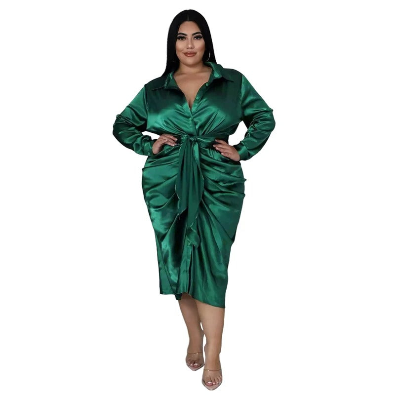 Satin Long Sleeve Ruched Plus Size Clothing Dress for Women