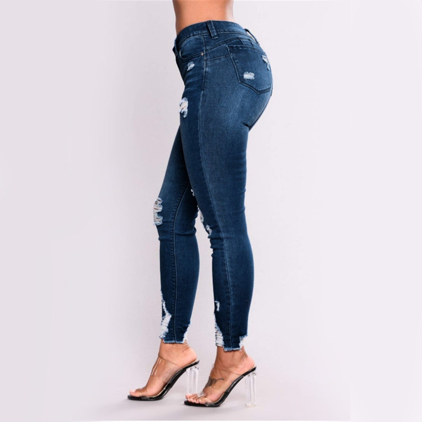 Distressed Ripped High Waist Jeans for Women - Blue