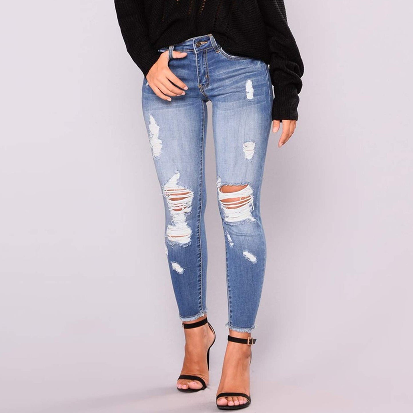 Distressed Ripped High Waist Jeans for Women - Light Blue