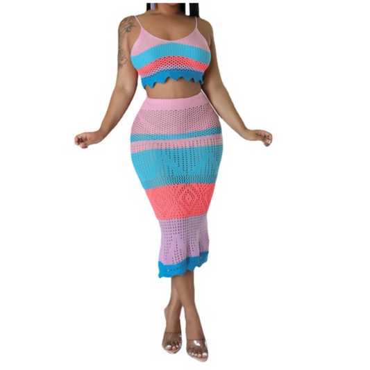 Two Piece Tie Dye Knit Beach Wear Top & Skirt Set for Women