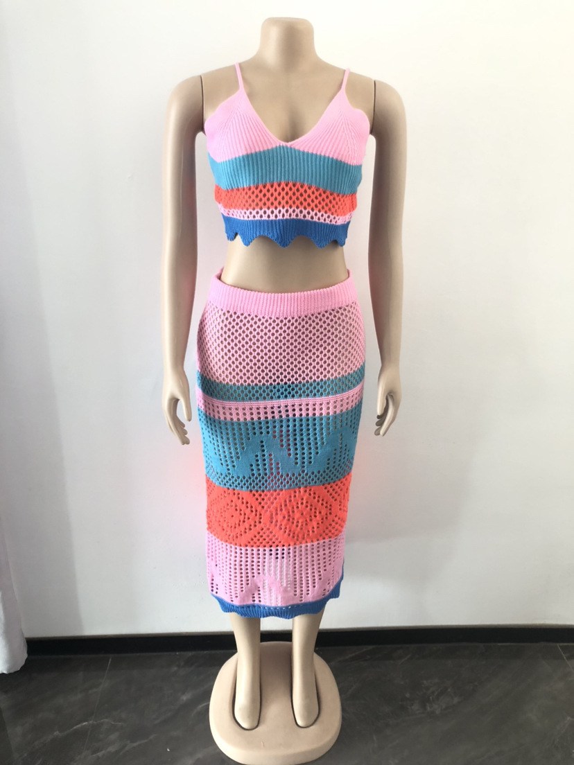 Two Piece Tie Dye Knit Beach Wear Top & Skirt Set for Women