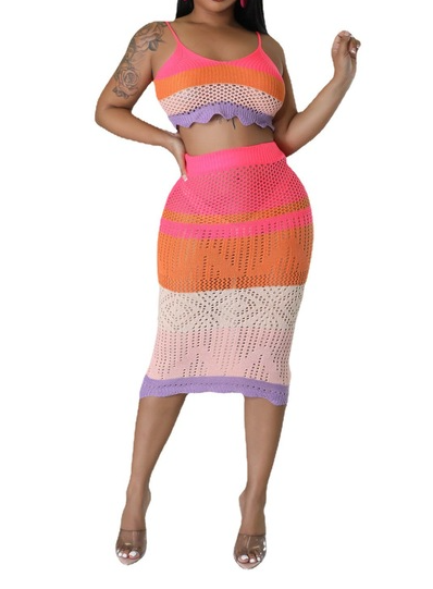 Two Piece Tie Dye Knit Beach Wear Top & Skirt Set for Women