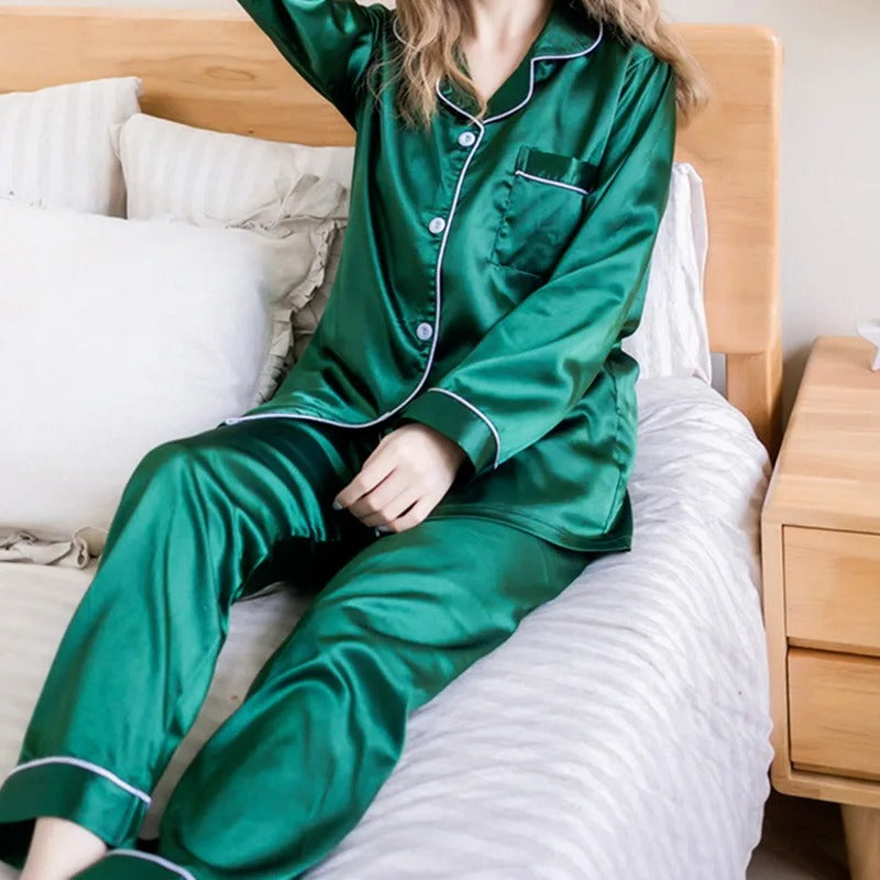 Long Sleeve Silky Satin Pajama Set for Women