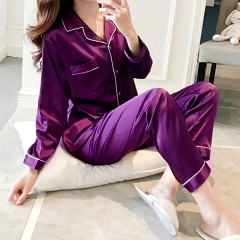 Long Sleeve Silky Satin Pajama Set for Women