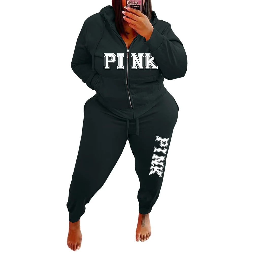 Plus Size Two Piece Zipped Up Hoodie & Tracksuit Womens