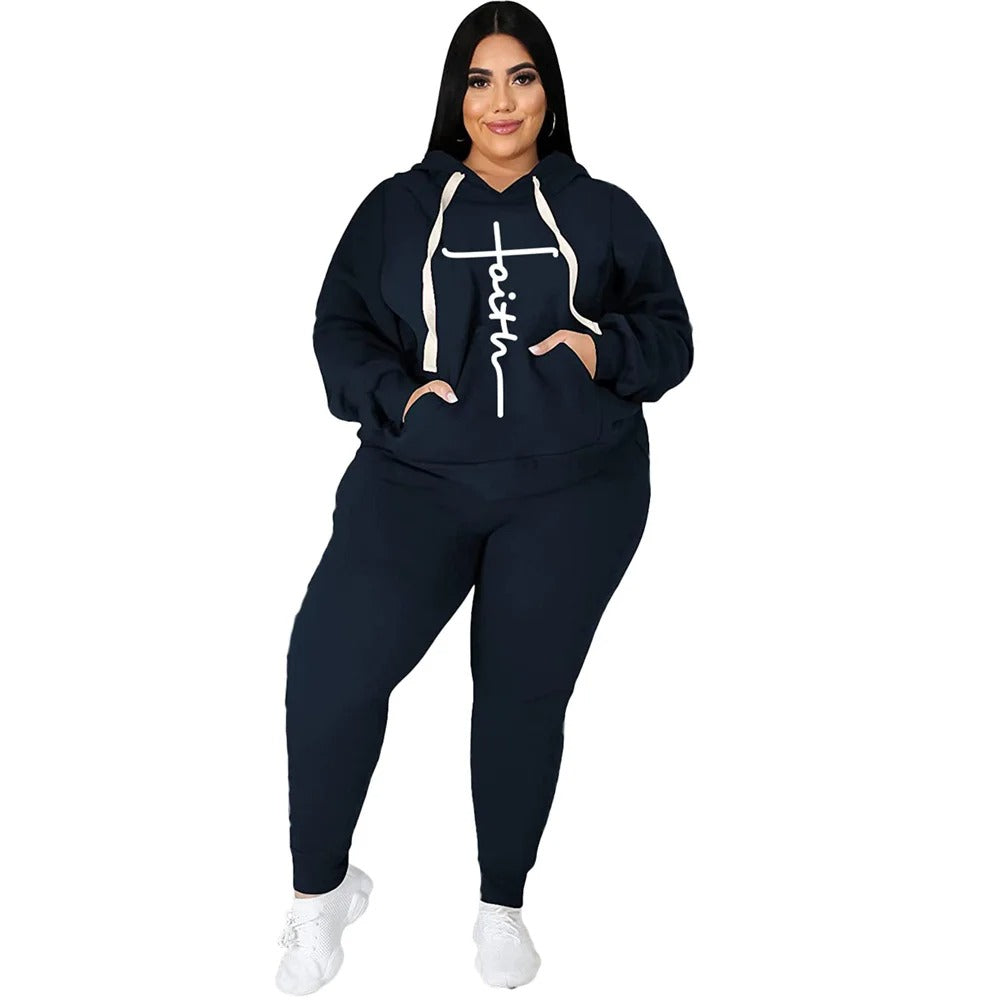 Plus Size Two Piece Pocket Hoodie & Tracksuit Womens