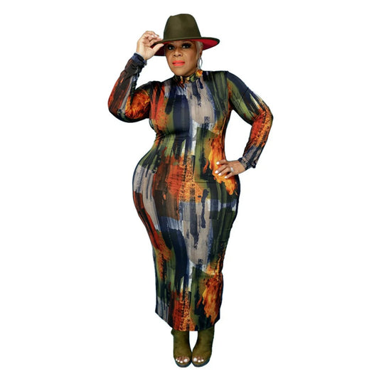 Plus Size Dye Long Sleeve Midi Body Dress for Women