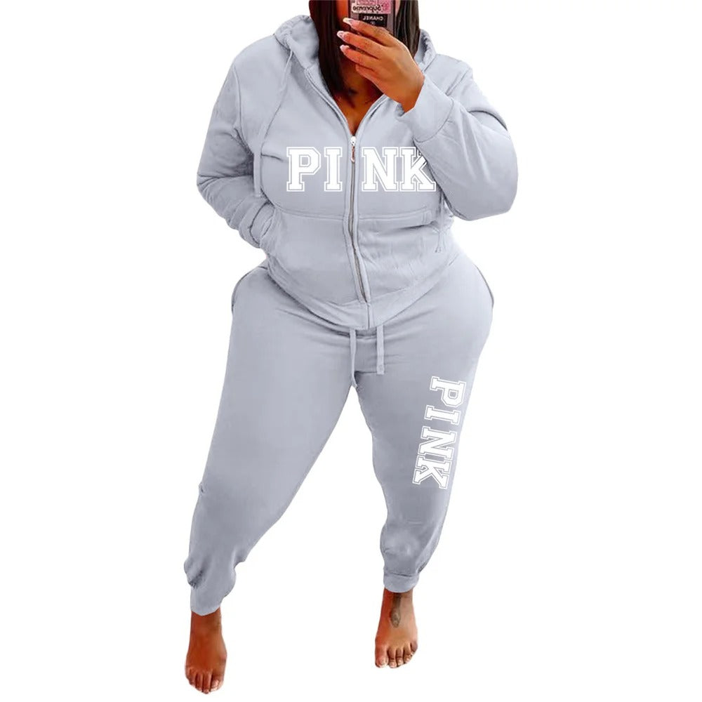 Plus Size Two Piece Zipped Up Hoodie & Tracksuit Womens