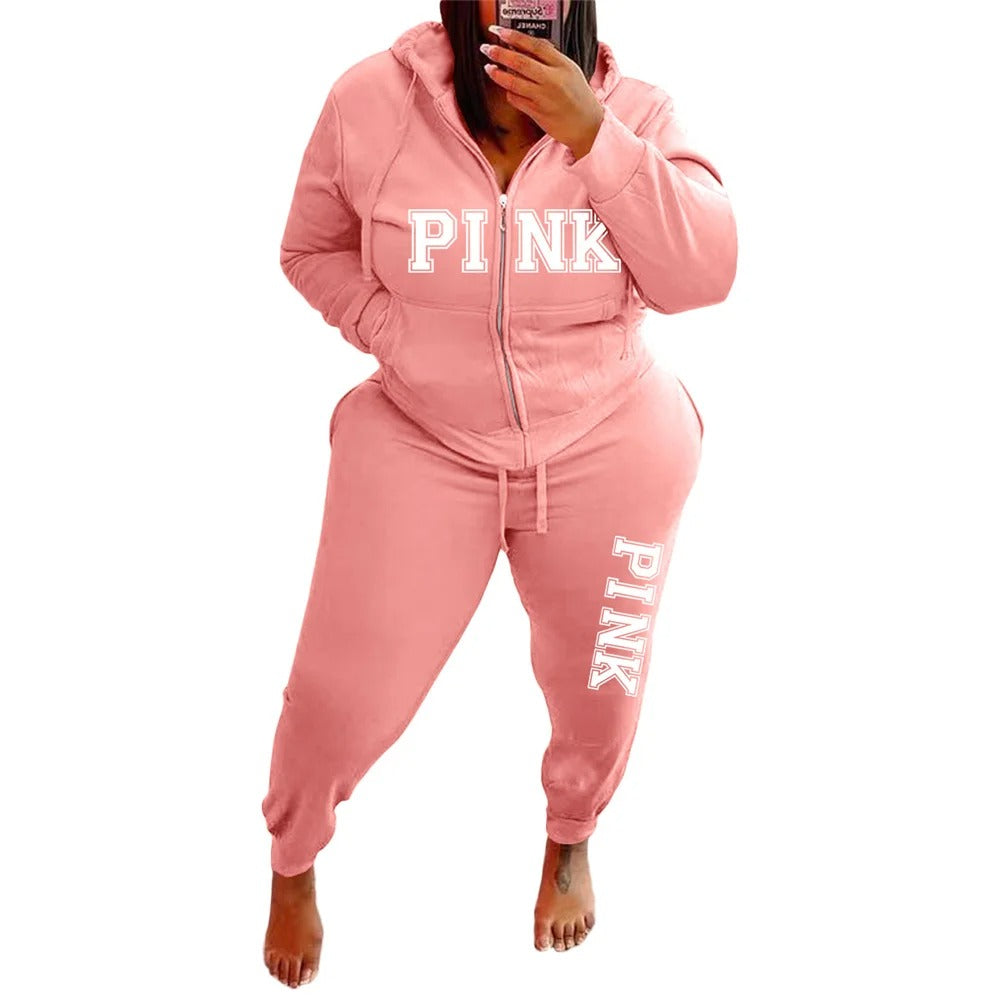 Plus Size Two Piece Zipped Up Hoodie & Tracksuit Womens